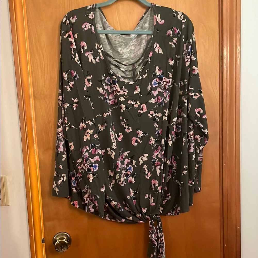 Pink and Gray Long Sleeve Tie Front Casual Top